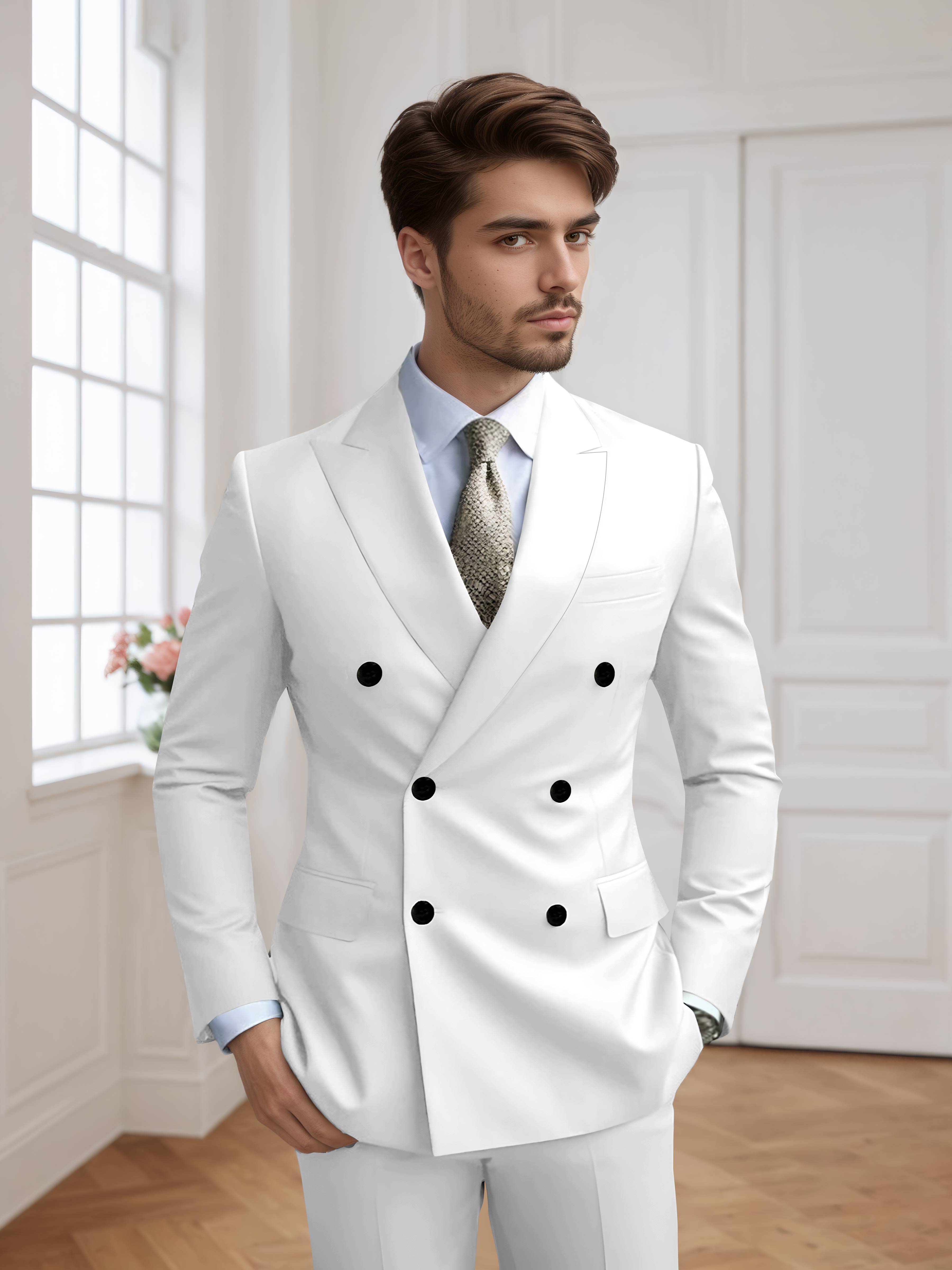 Costume Homme 2 Pièces Ajusté À Double Boutonnage Uni