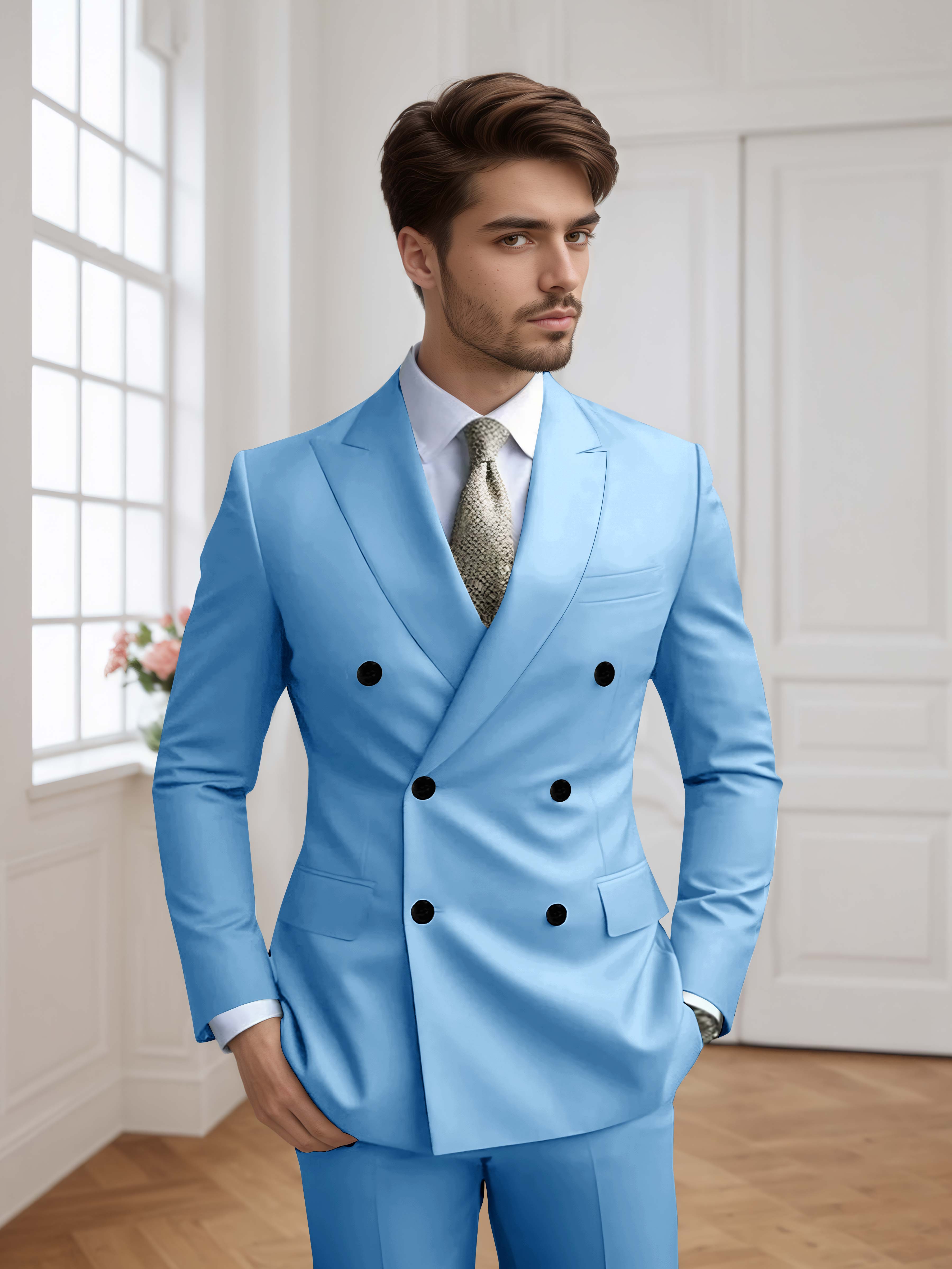 Costume Homme 2 Pièces Ajusté À Double Boutonnage Uni