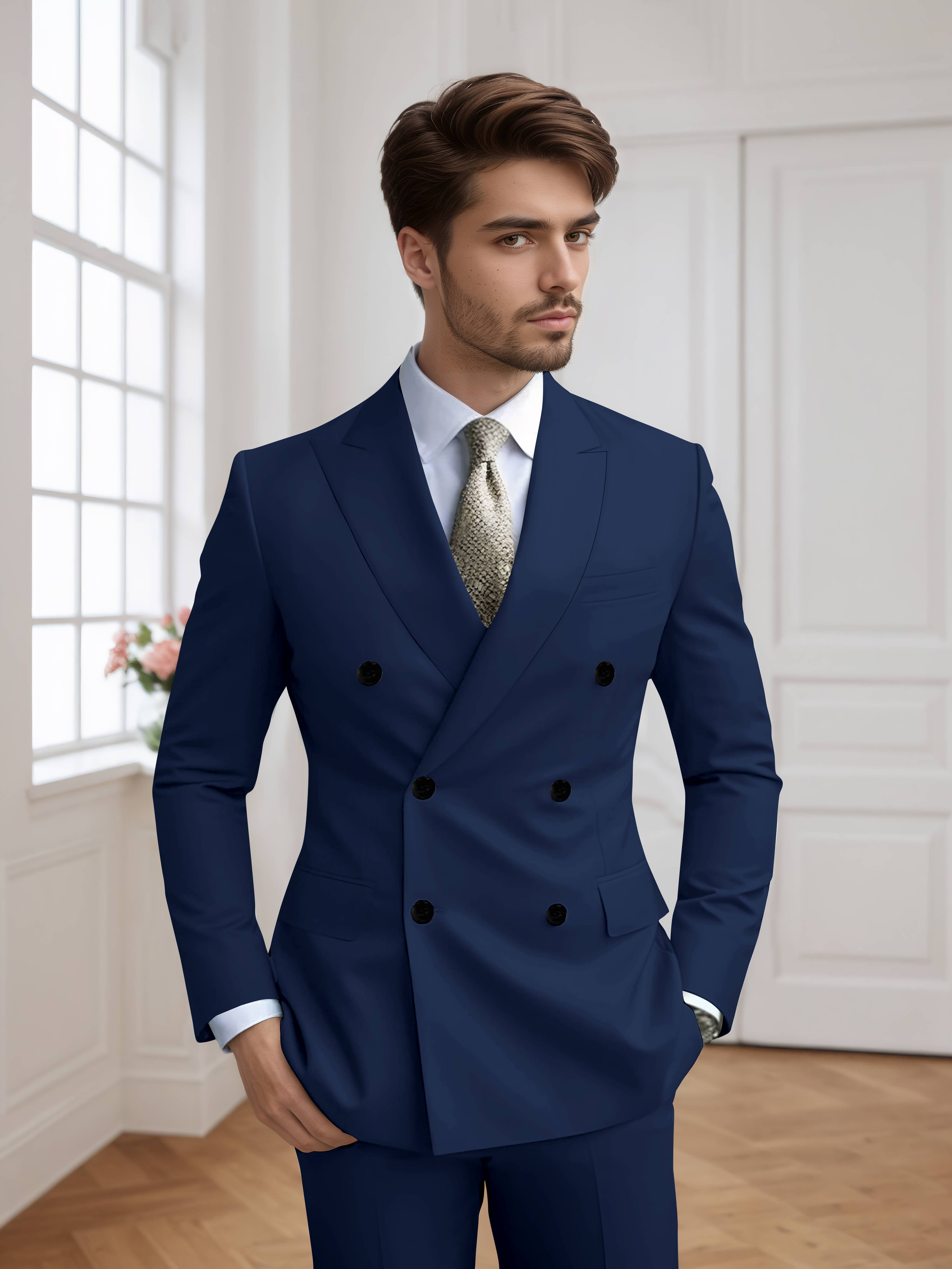Costume Homme 2 Pièces Ajusté À Double Boutonnage Uni