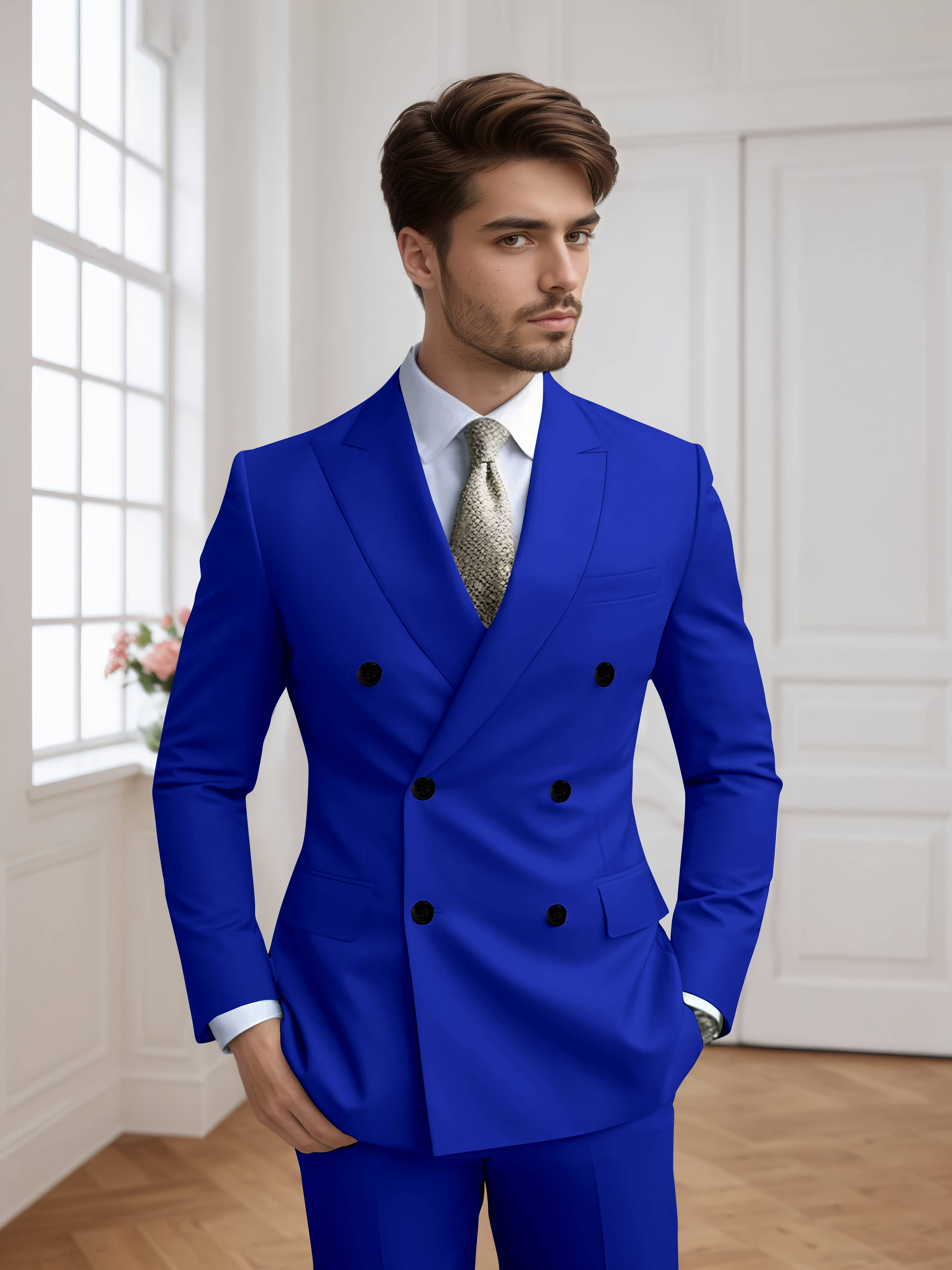 Costume Homme 2 Pièces Ajusté À Double Boutonnage Uni