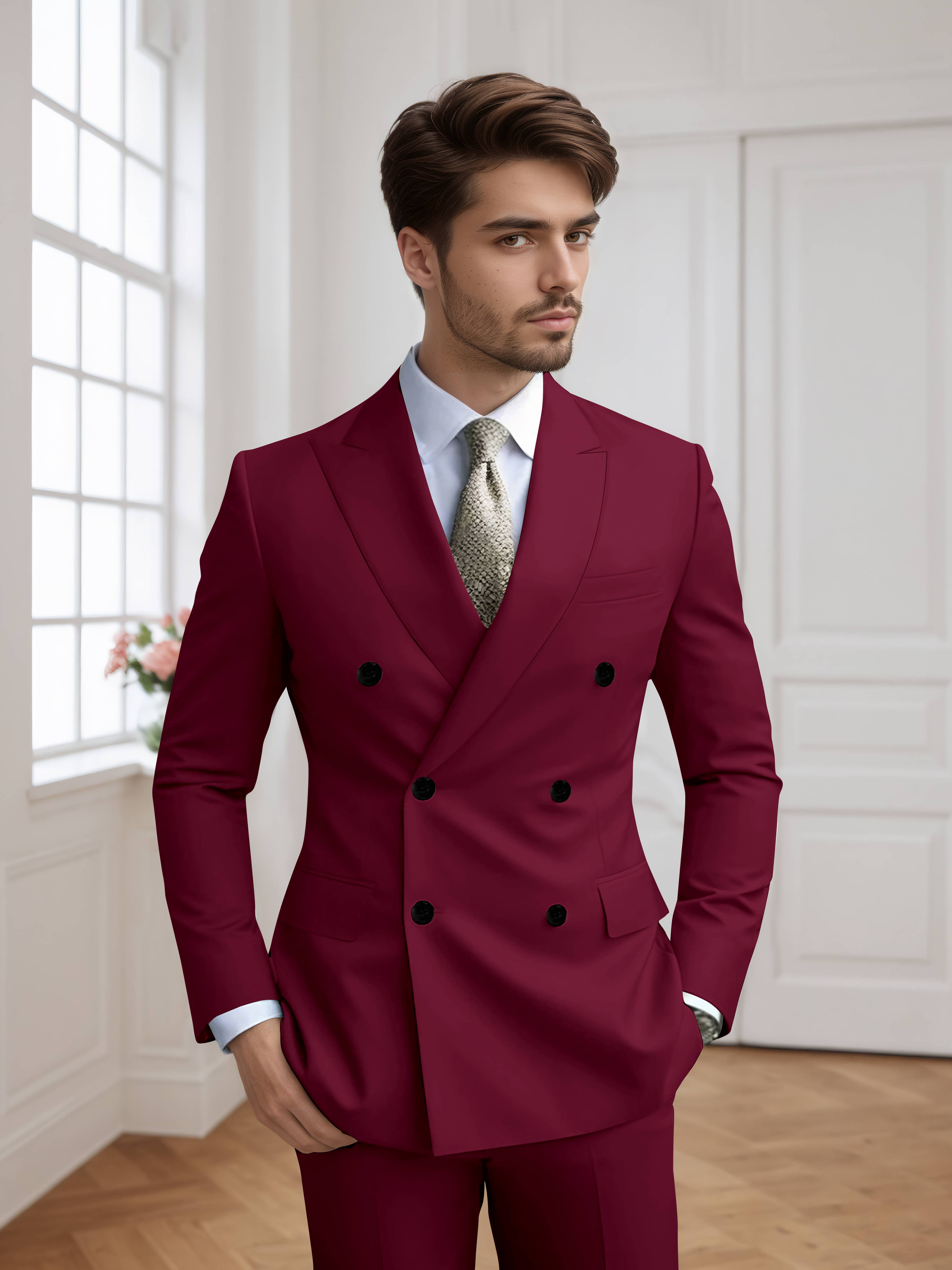 Costume Homme 2 Pièces Ajusté À Double Boutonnage Uni