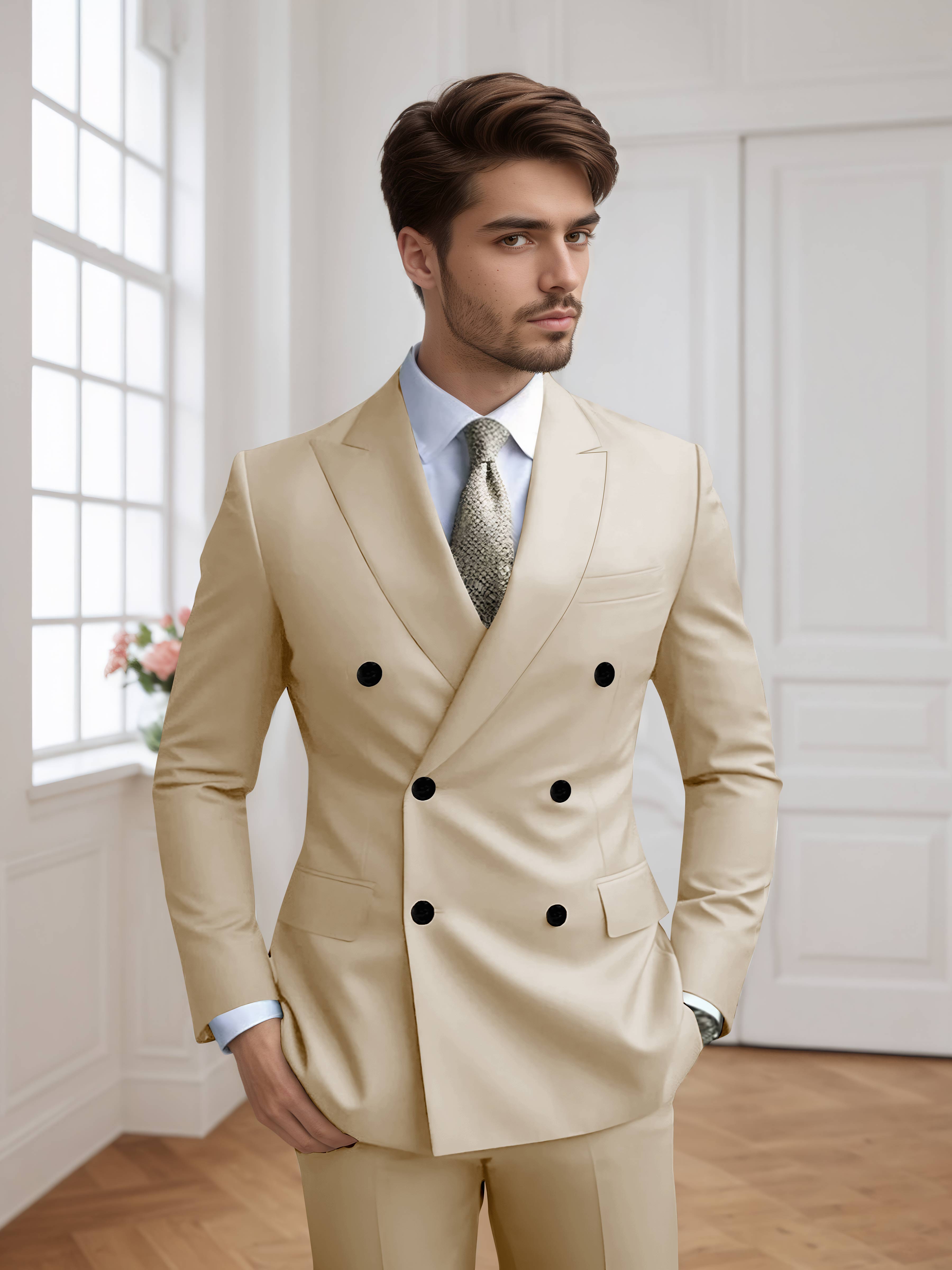 Costume Homme 2 Pièces Ajusté À Double Boutonnage Uni