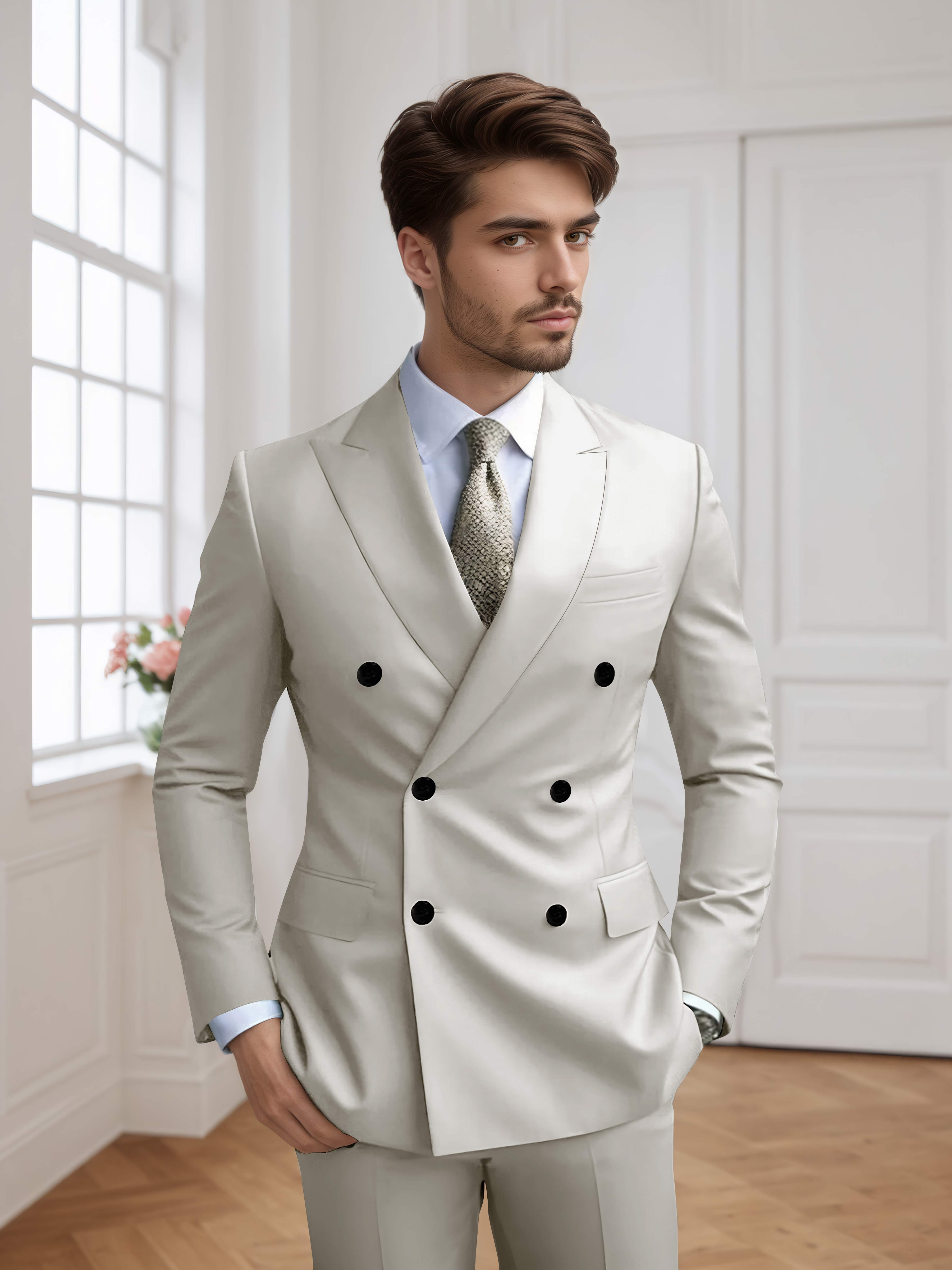 Costume Homme 2 Pièces Ajusté À Double Boutonnage Uni