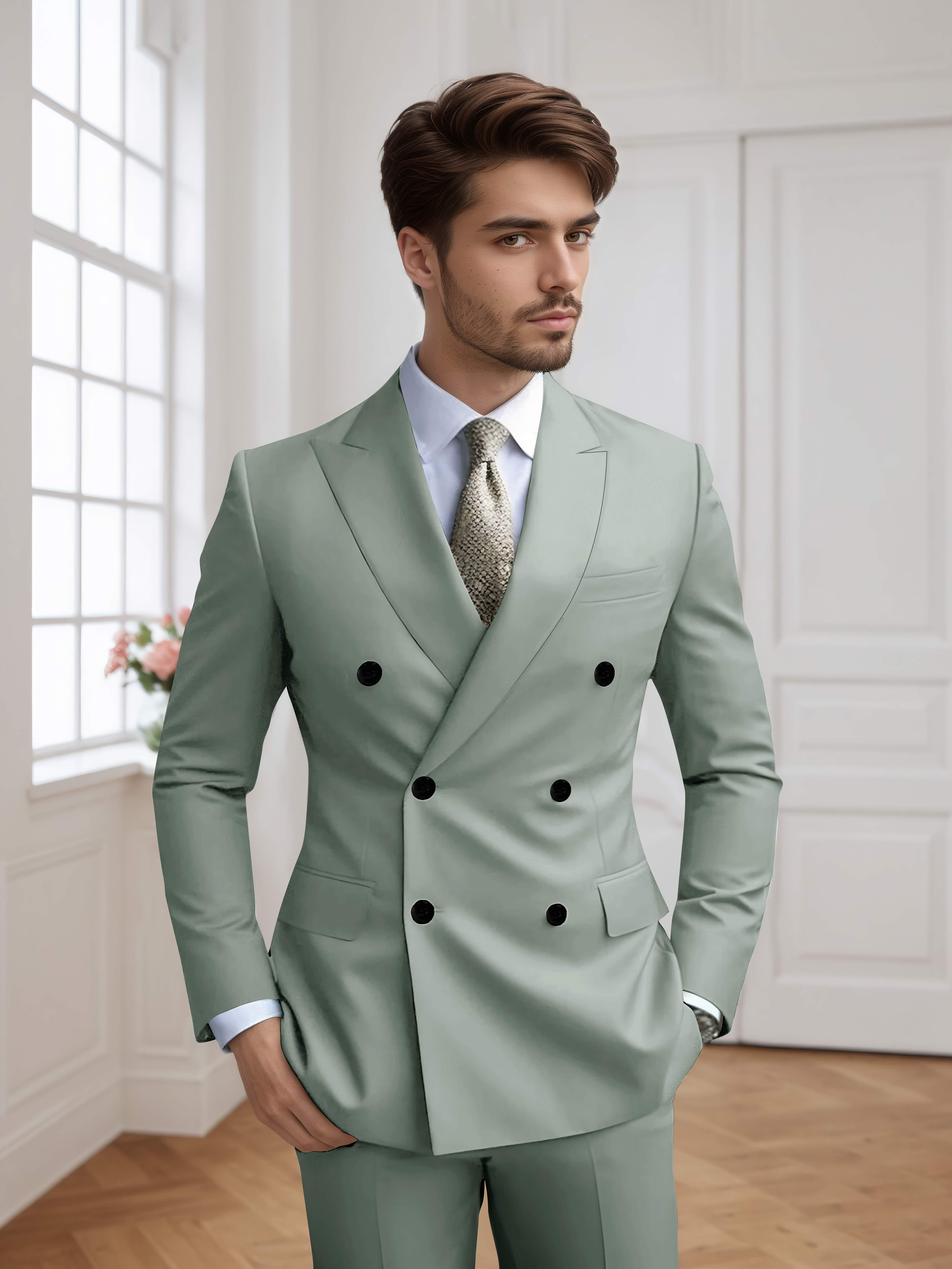 Costume Homme 2 Pièces Ajusté À Double Boutonnage Uni