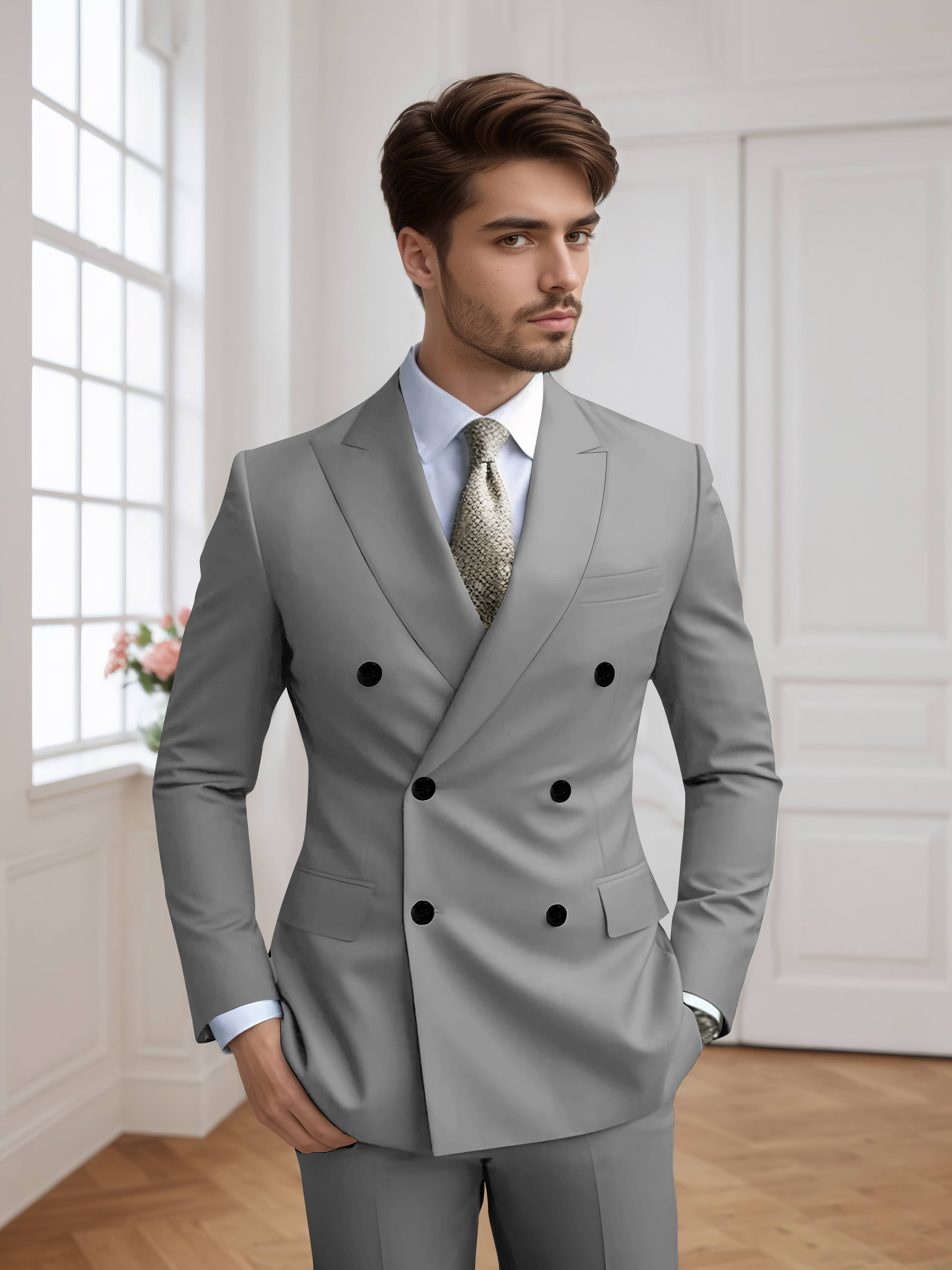 Costume Homme 2 Pièces Ajusté À Double Boutonnage Uni