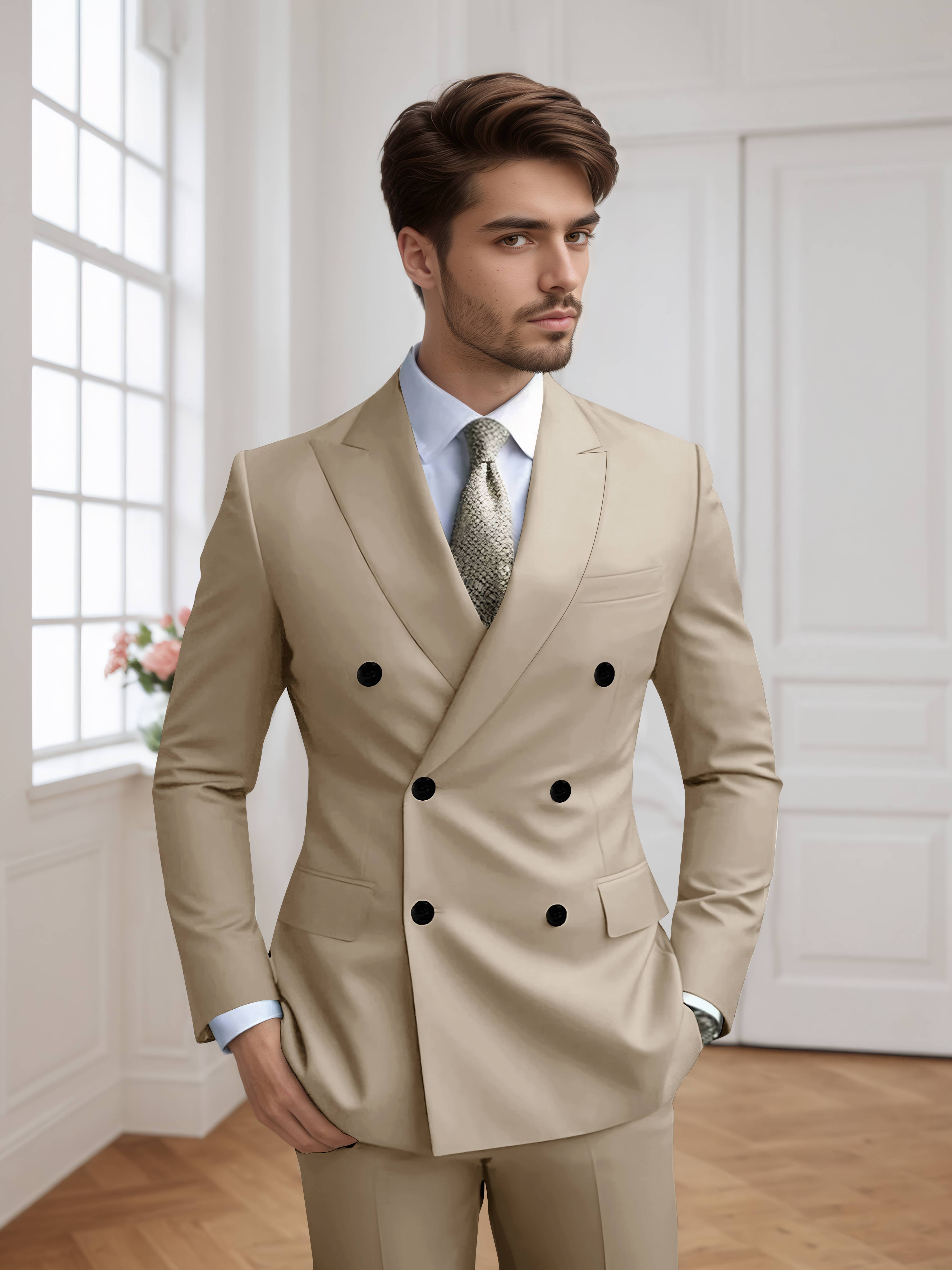 Costume Homme 2 Pièces Ajusté À Double Boutonnage Uni