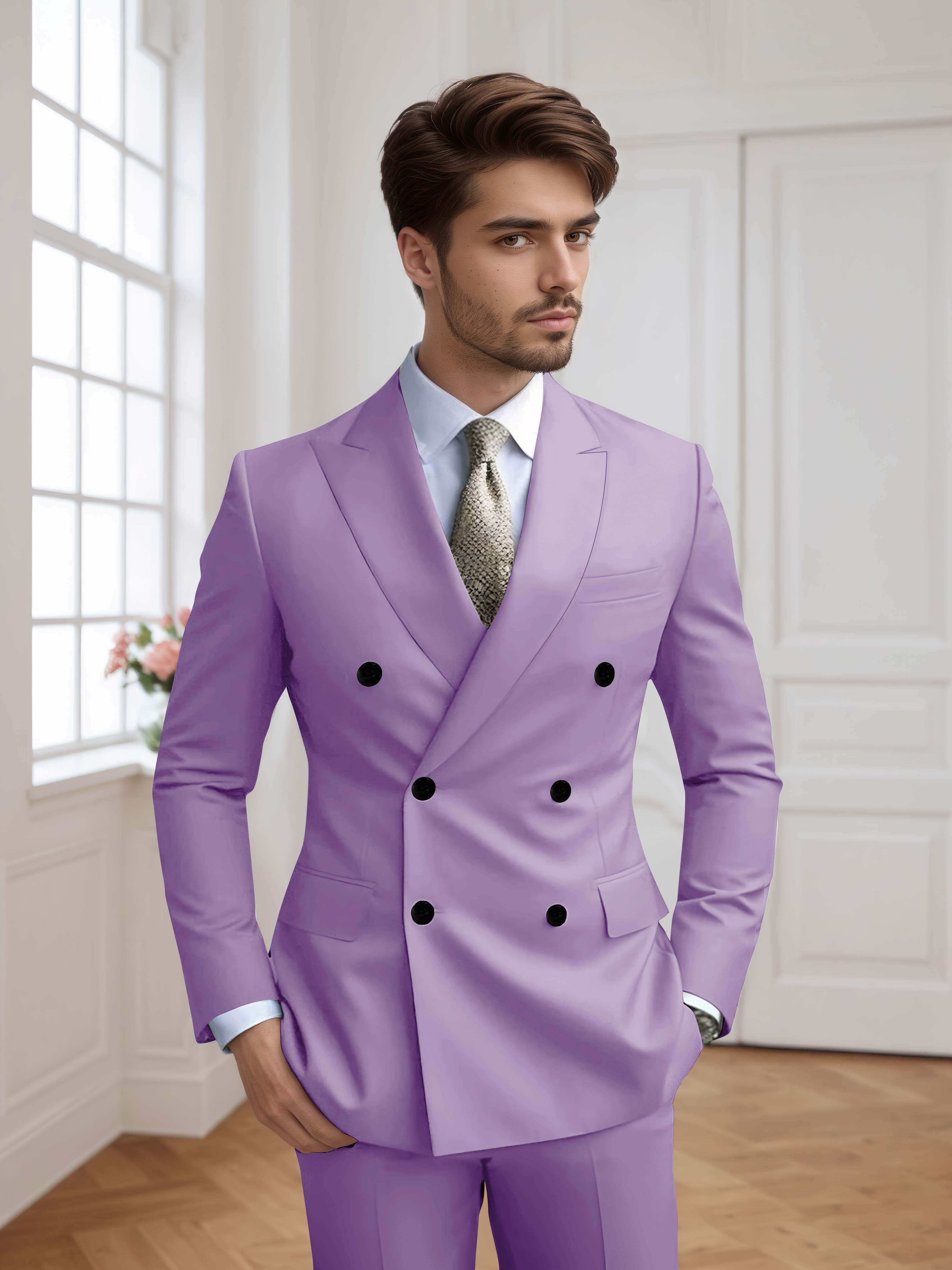 Costume Homme 2 Pièces Ajusté À Double Boutonnage Uni