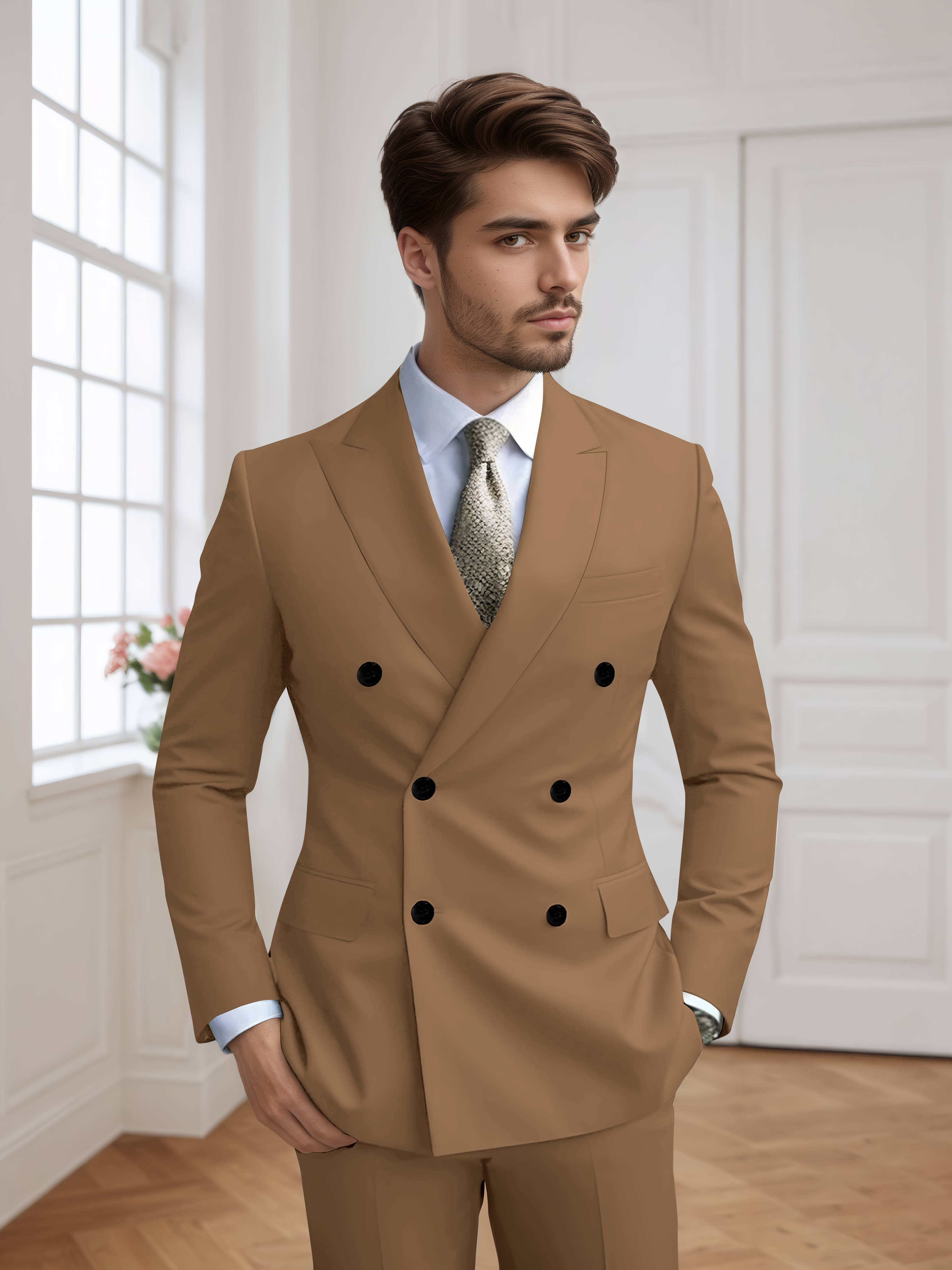 Costume Homme 2 Pièces Ajusté À Double Boutonnage Uni