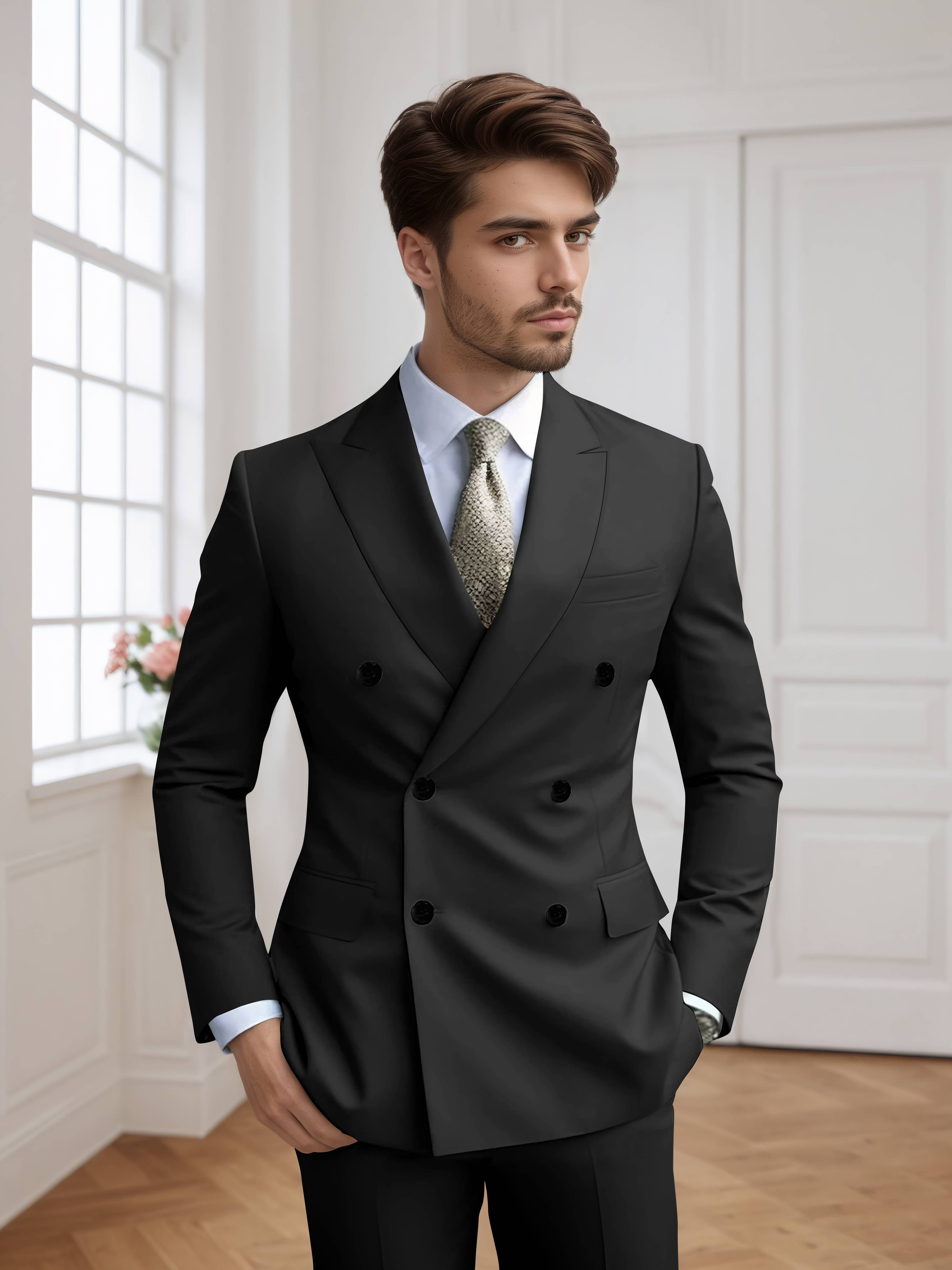 Costume Homme 2 Pièces Ajusté À Double Boutonnage Uni