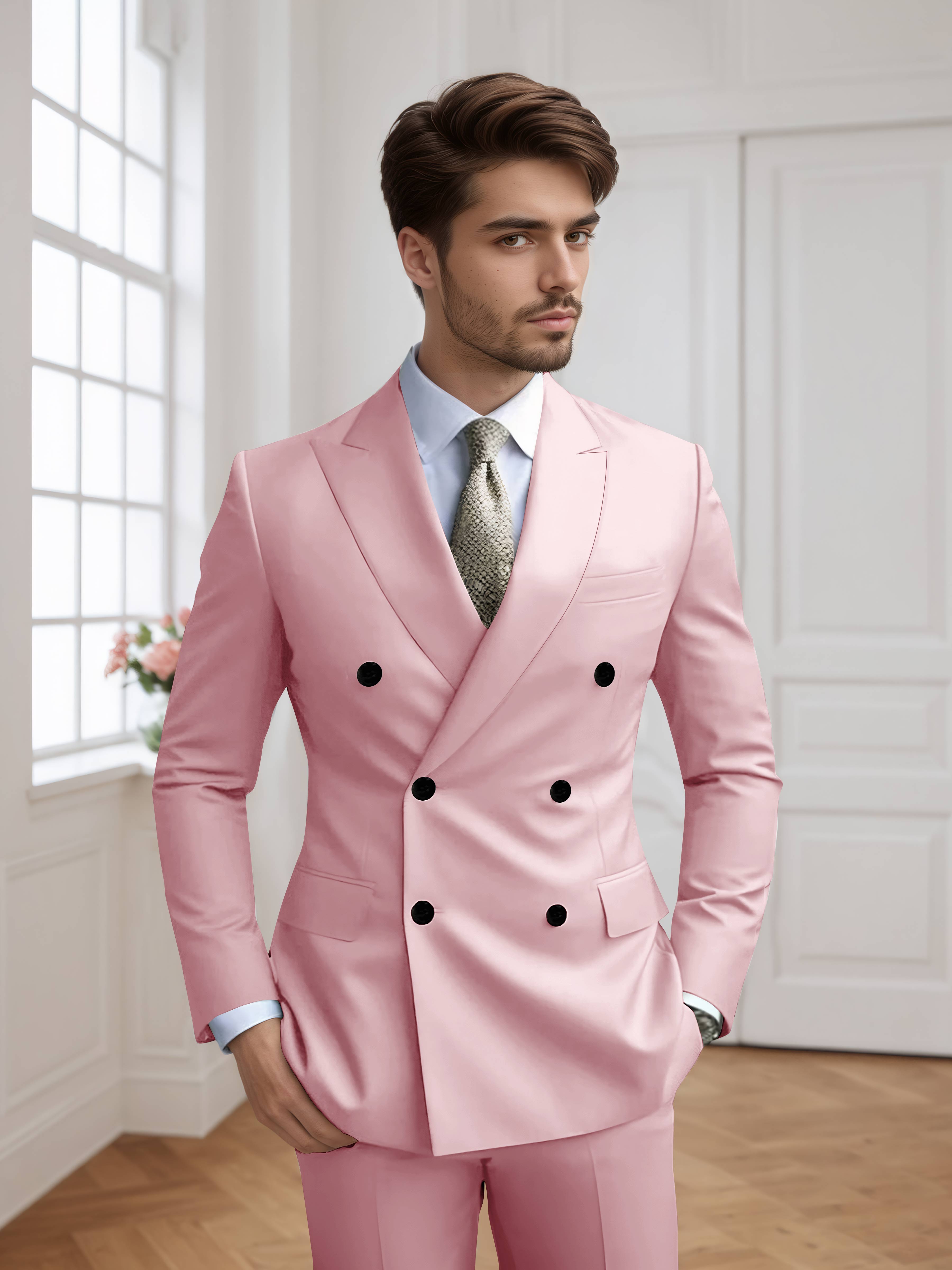 Costume Homme 2 Pièces Ajusté À Double Boutonnage Uni
