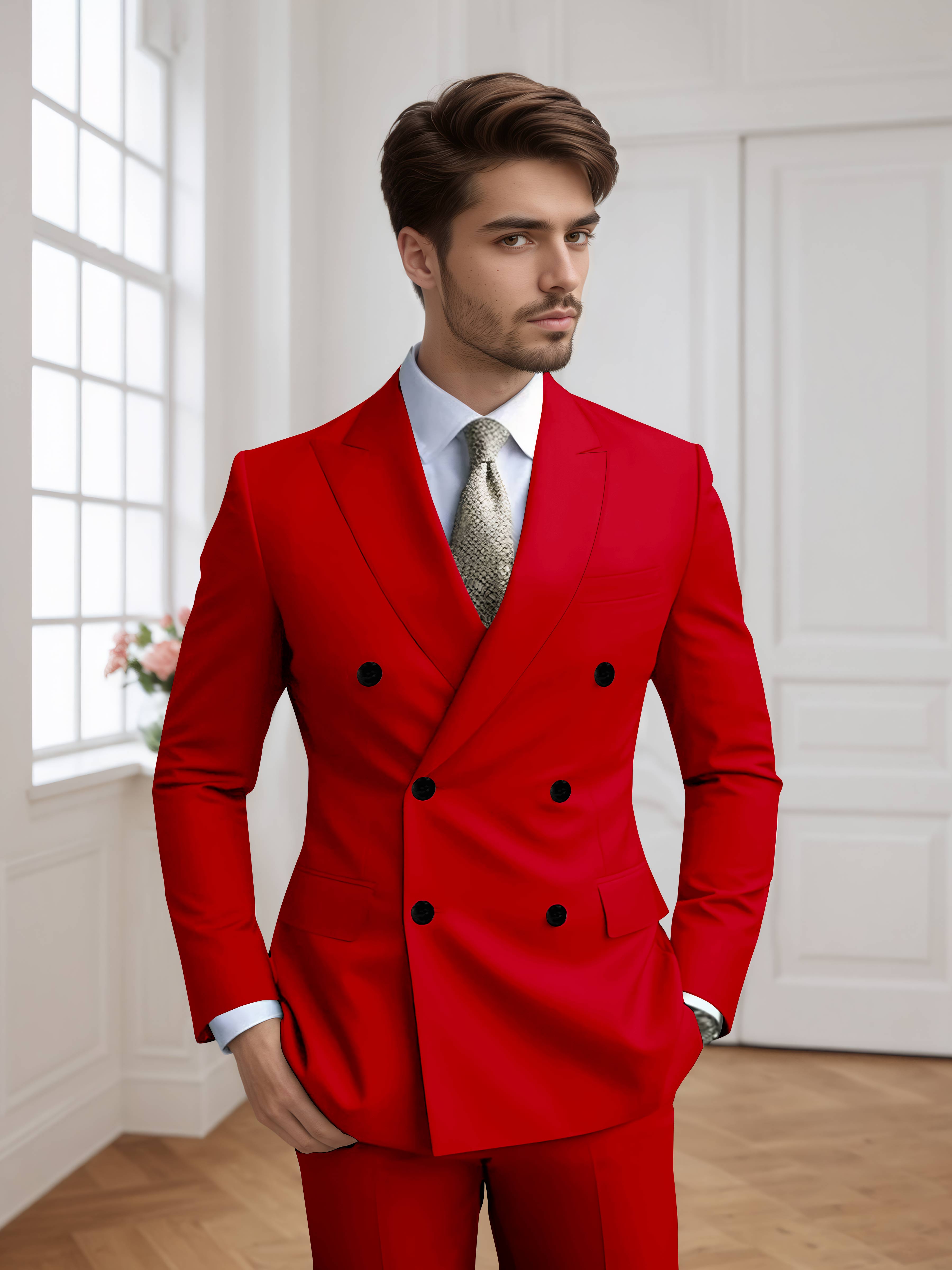 Costume Homme 2 Pièces Ajusté À Double Boutonnage Uni