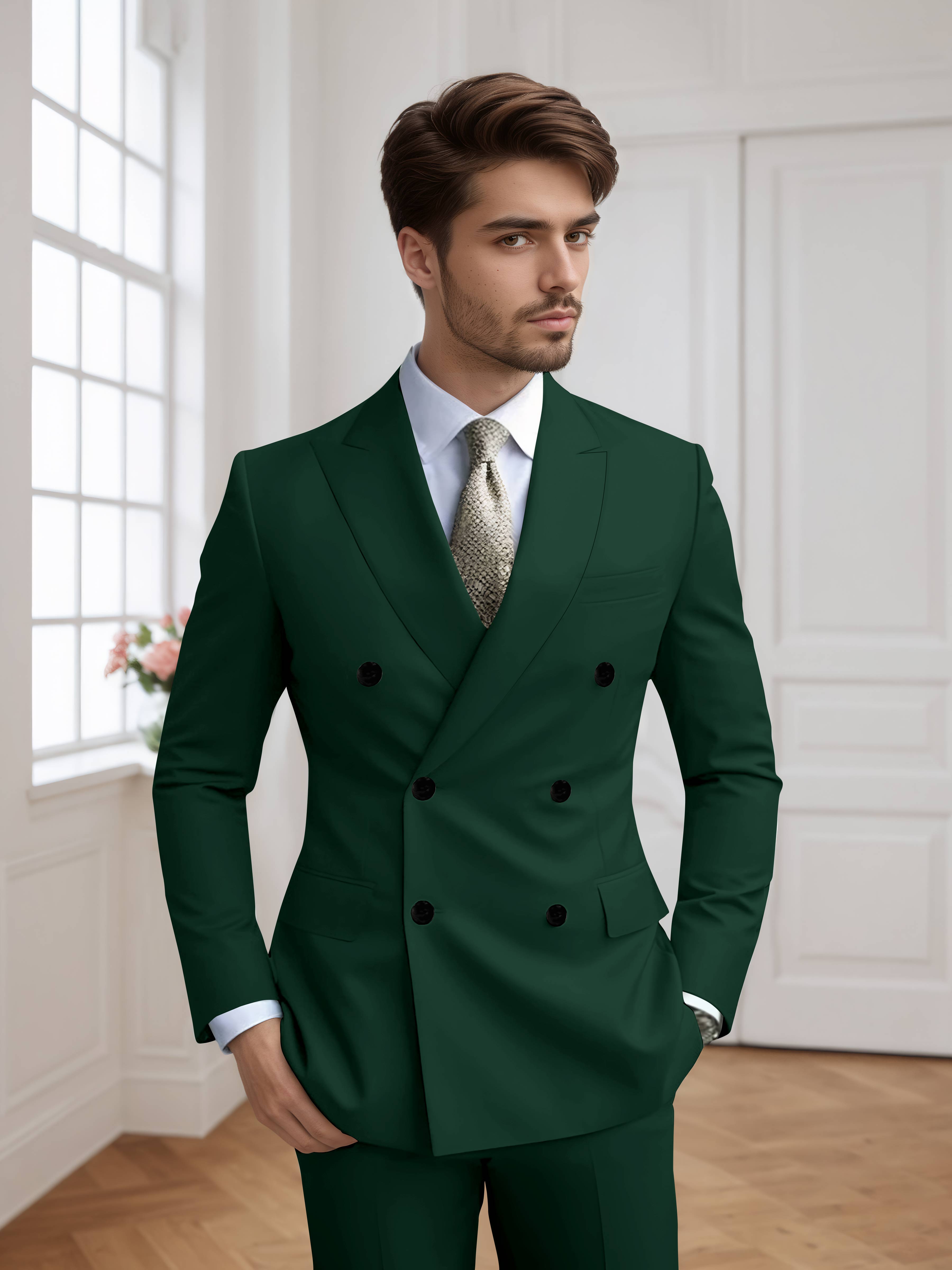 Costume Homme 2 Pièces Ajusté À Double Boutonnage Uni