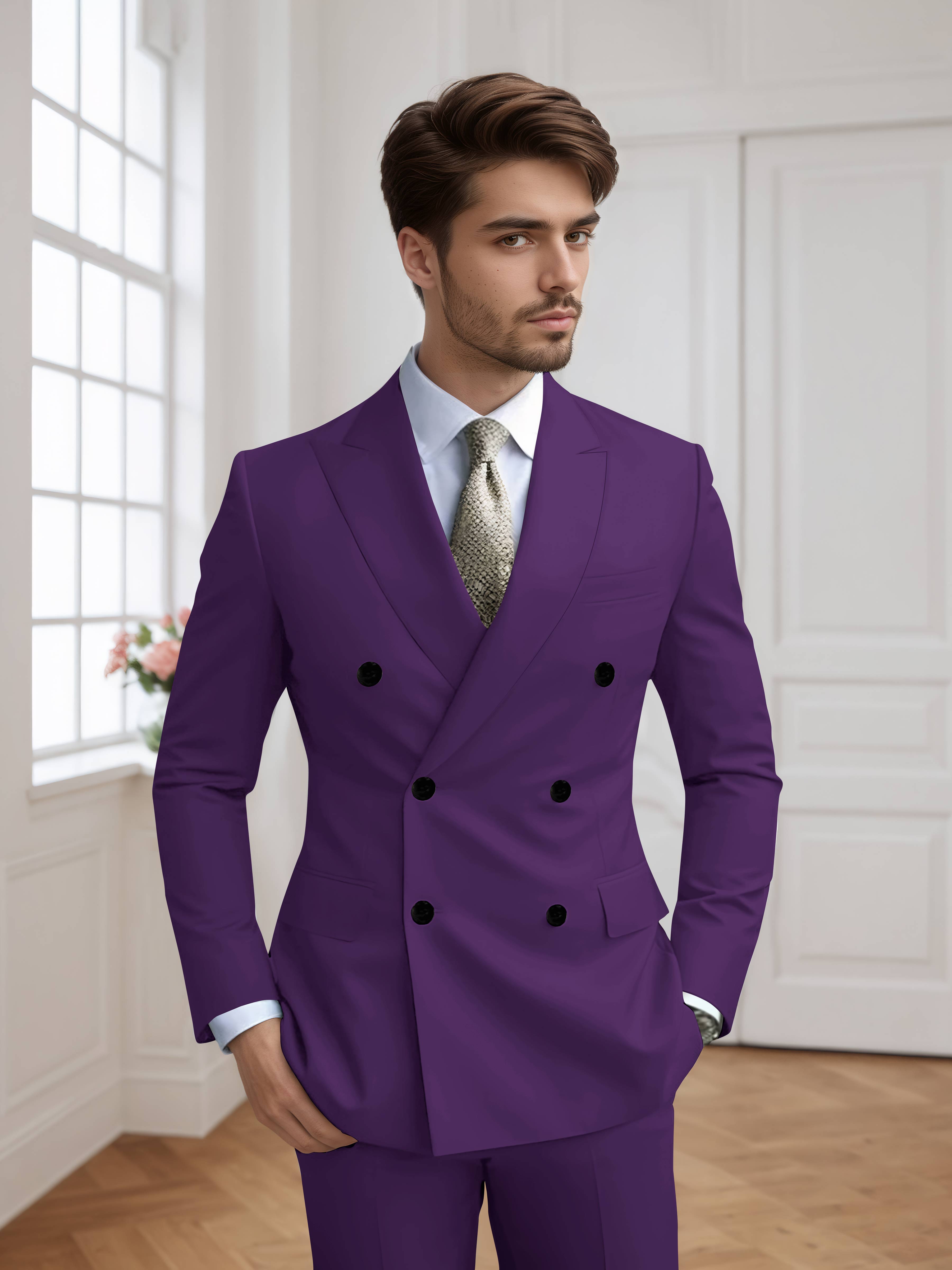 Costume Homme 2 Pièces Ajusté À Double Boutonnage Uni