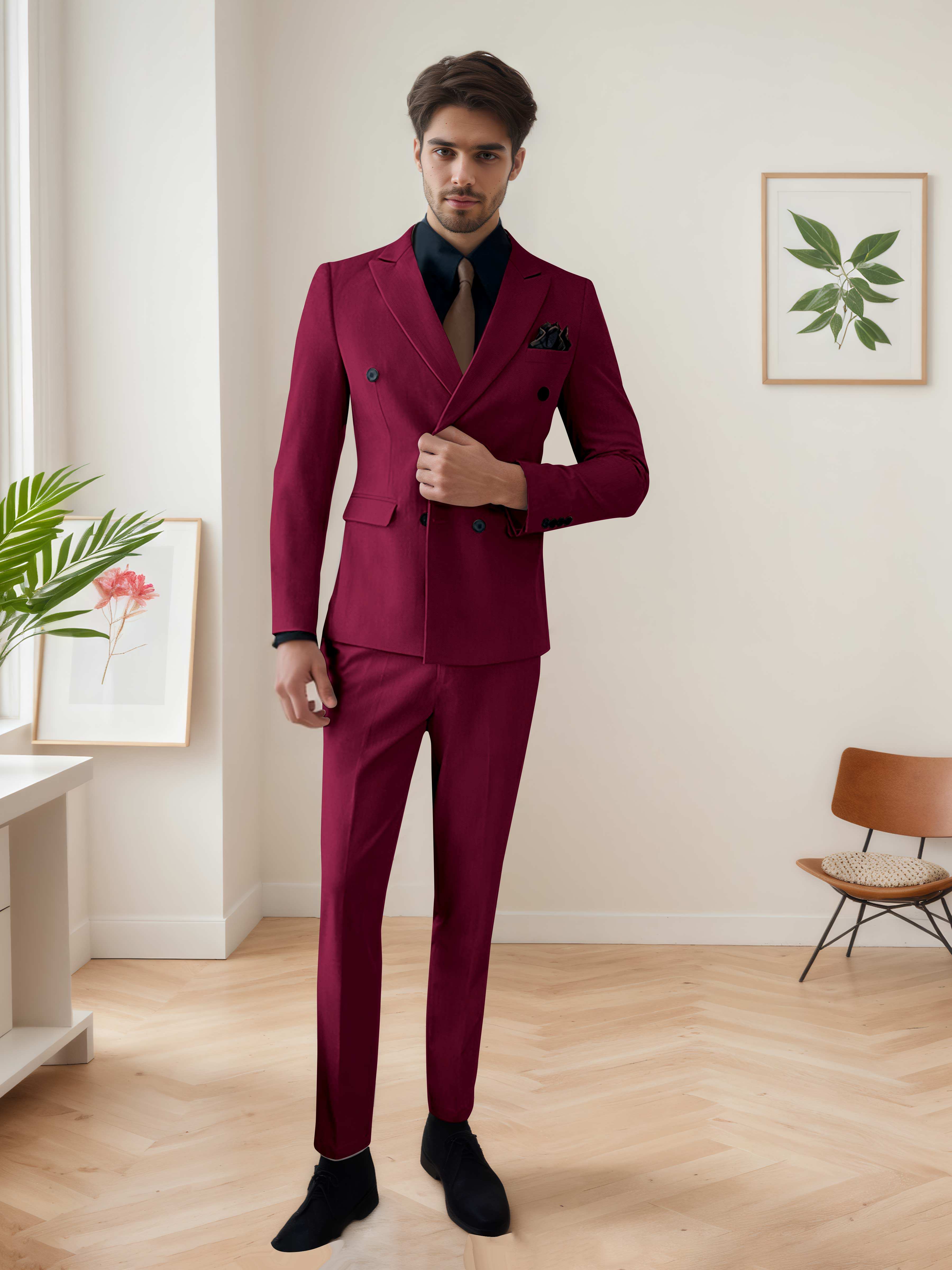 Costume Homme 3 Pièces Décontracté À Double Boutonnage Chic De Mariage