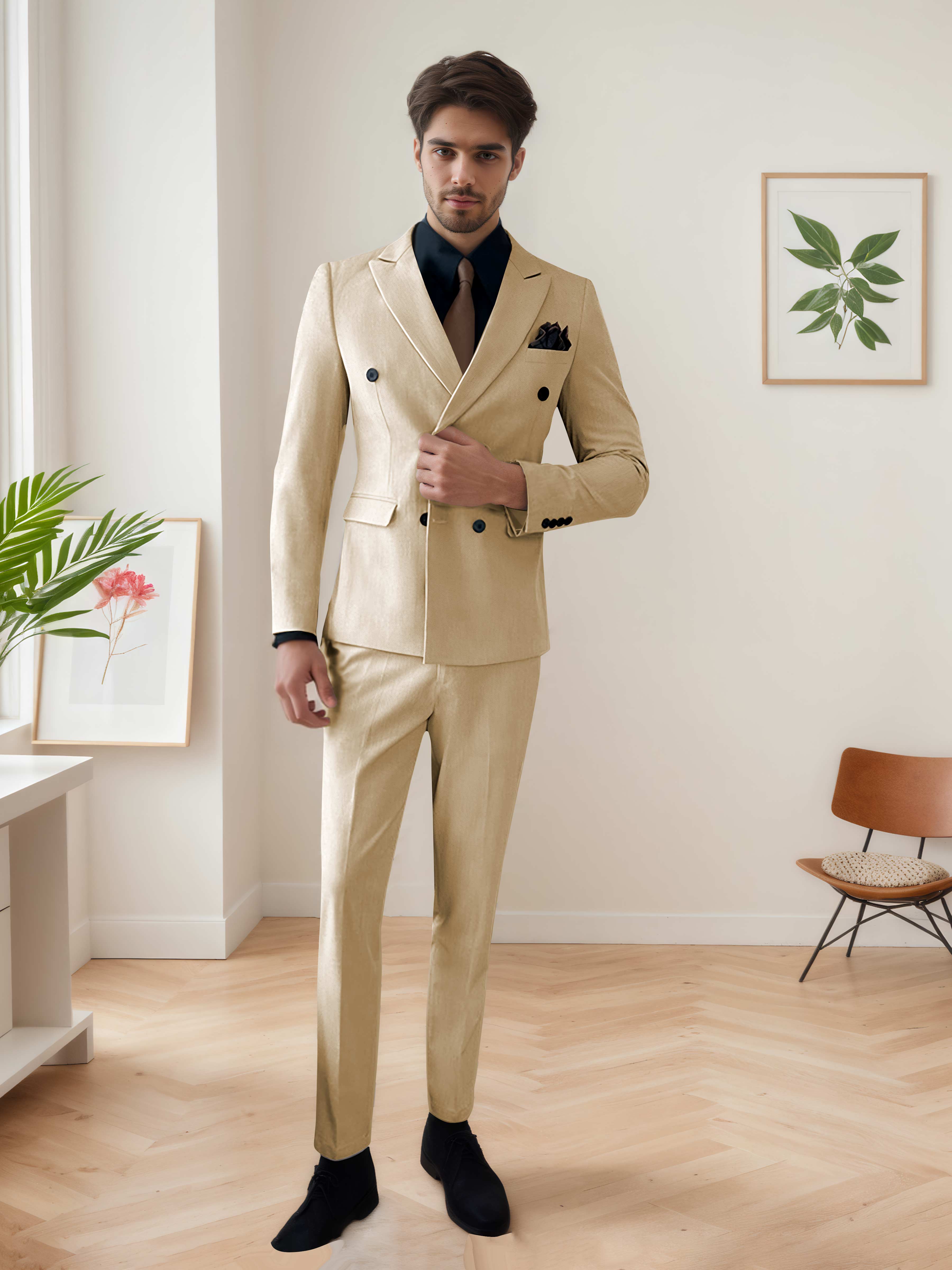Costume Homme 3 Pièces Décontracté À Double Boutonnage Chic De Mariage