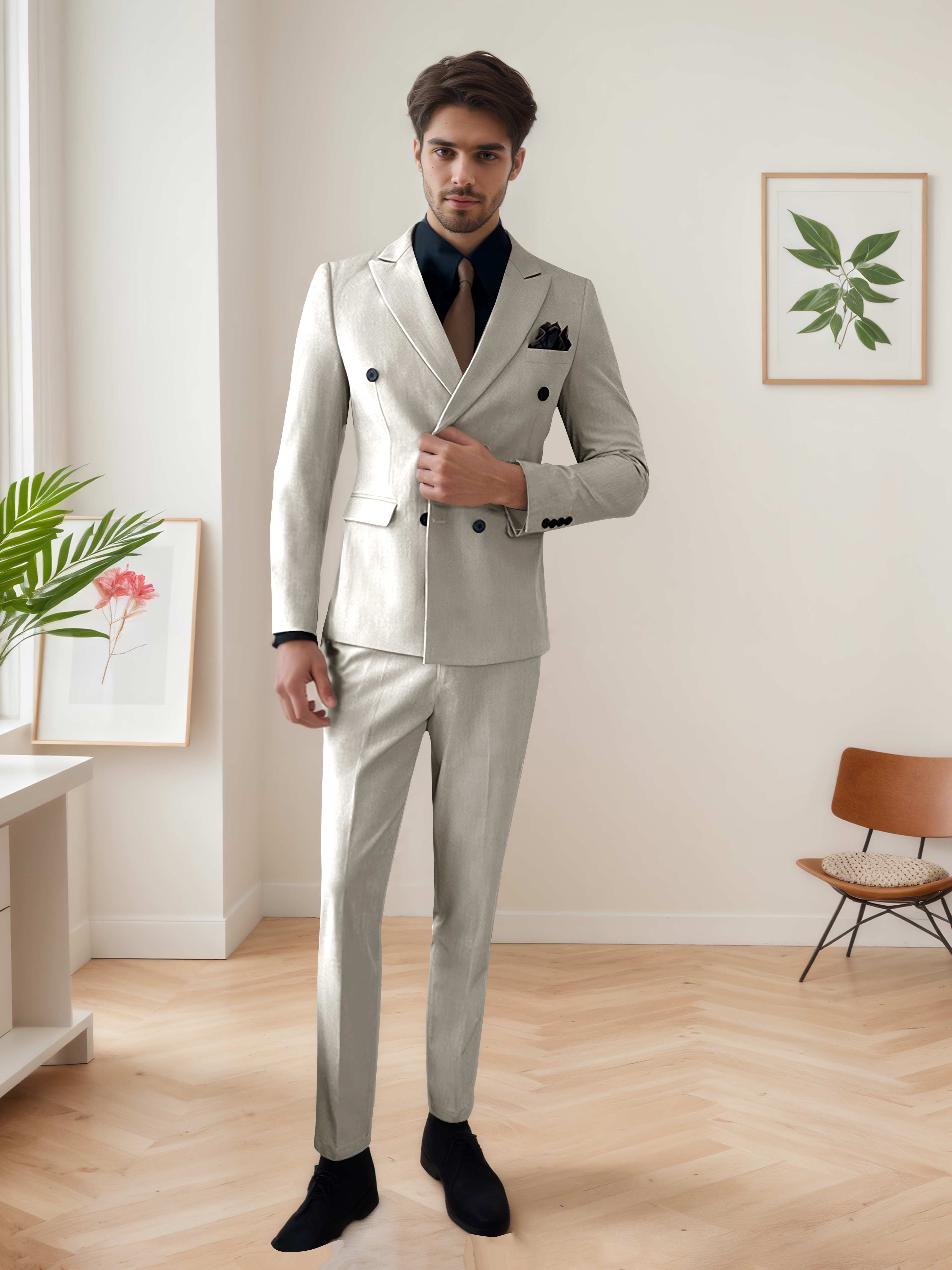 Costume Homme 3 Pièces Décontracté À Double Boutonnage Chic De Mariage