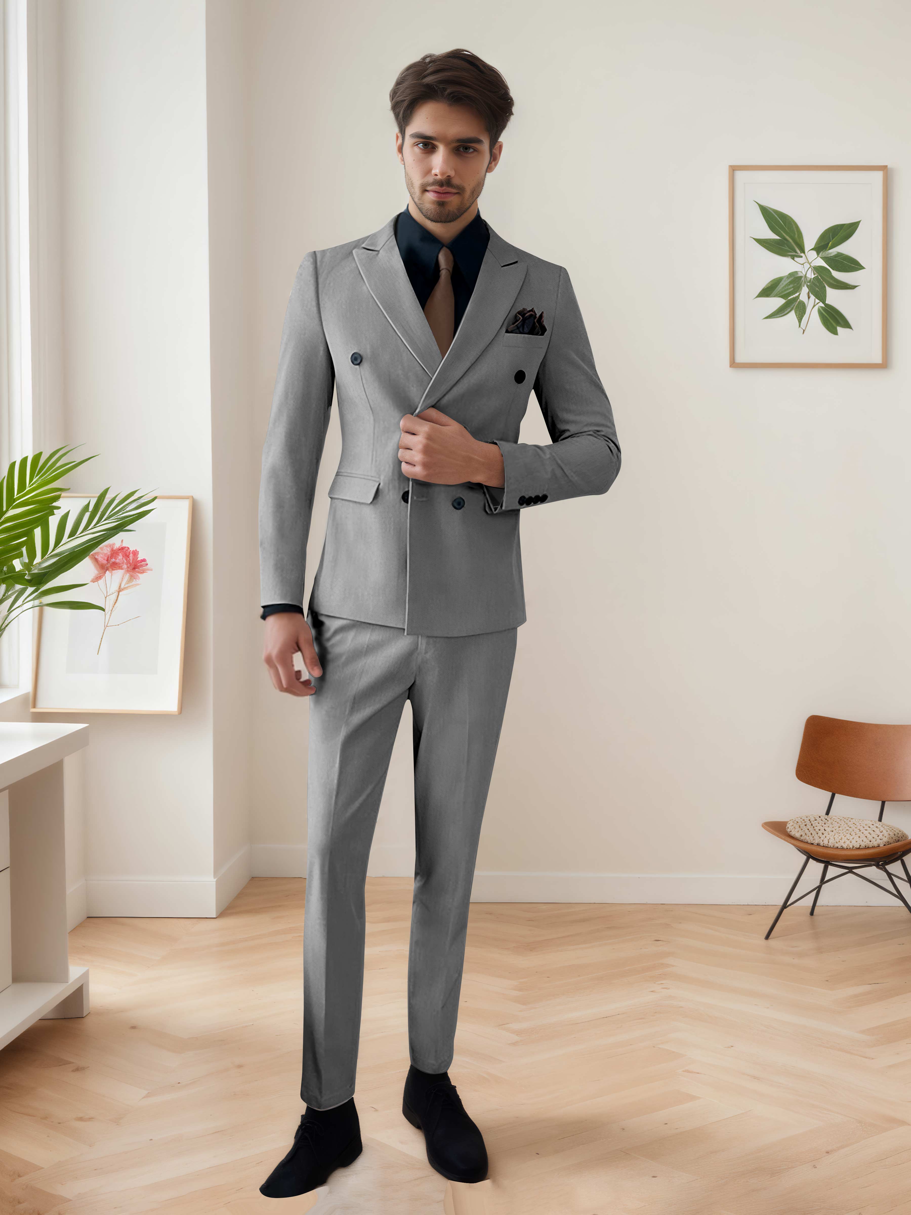 Costume Homme 3 Pièces Décontracté À Double Boutonnage Chic De Mariage