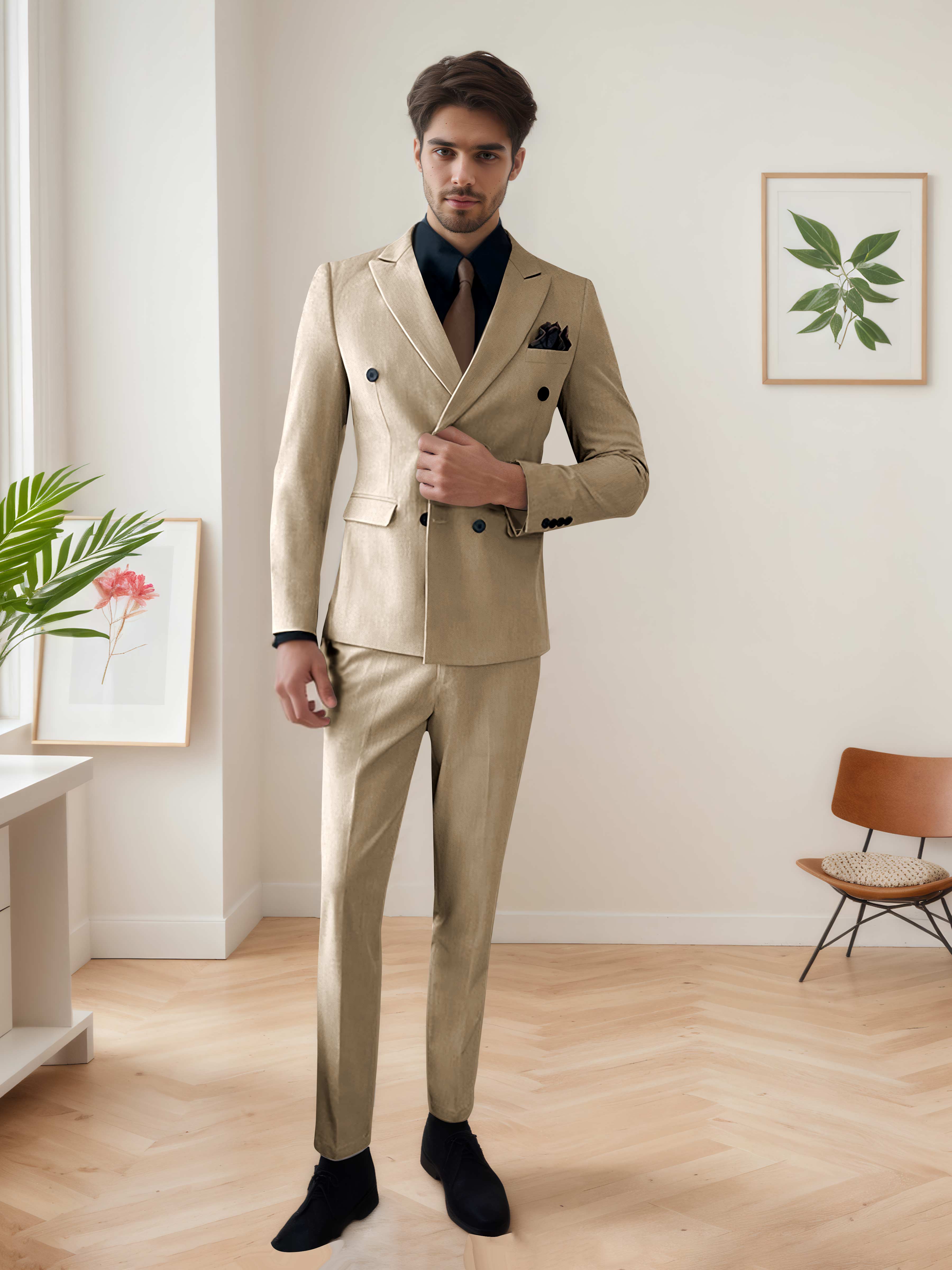 Costume Homme 3 Pièces Décontracté À Double Boutonnage Chic De Mariage