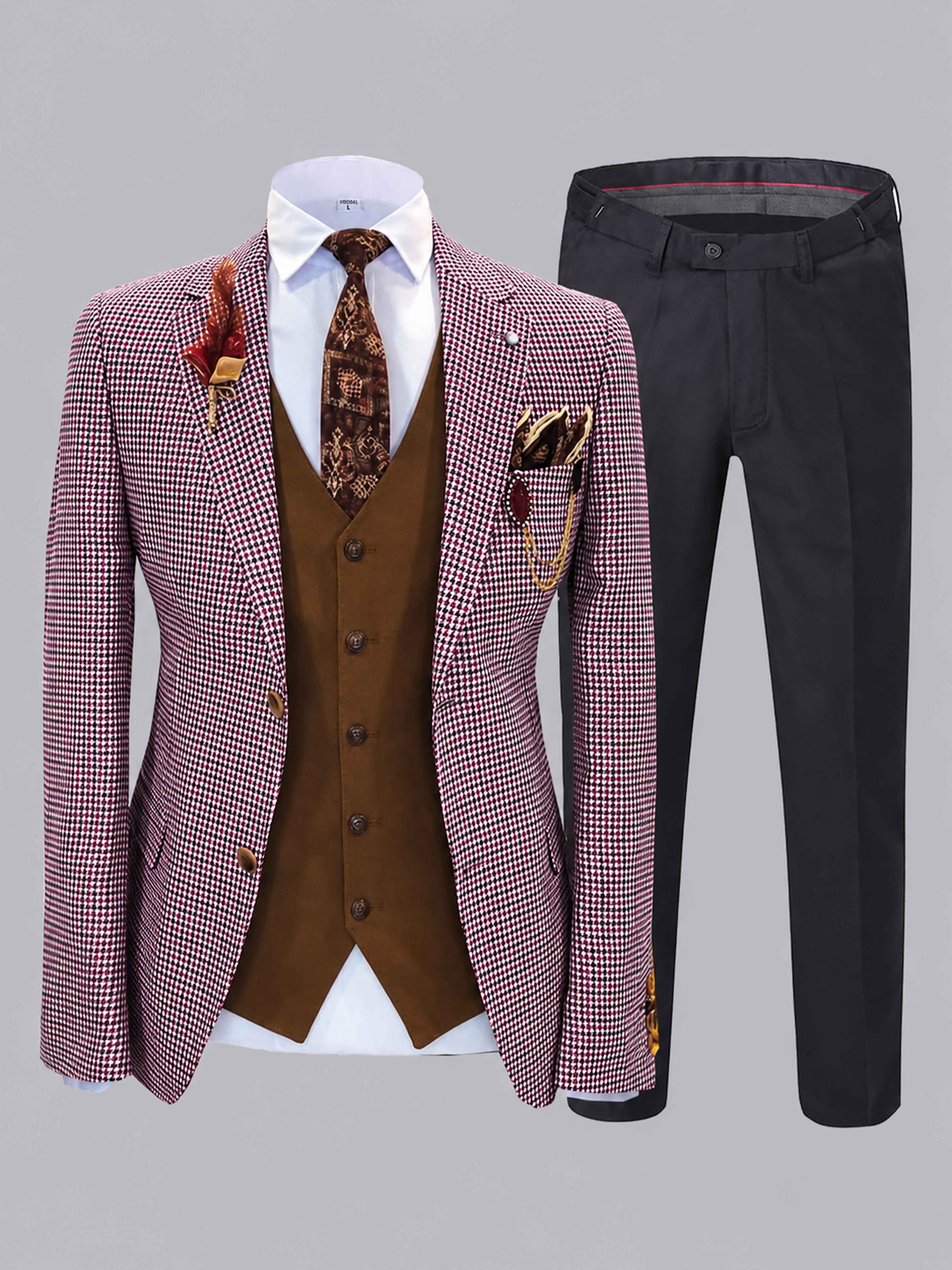 Costume Homme 3 Pièces À Motif Pied-De-Poule Revers Crantés Deux Boutons