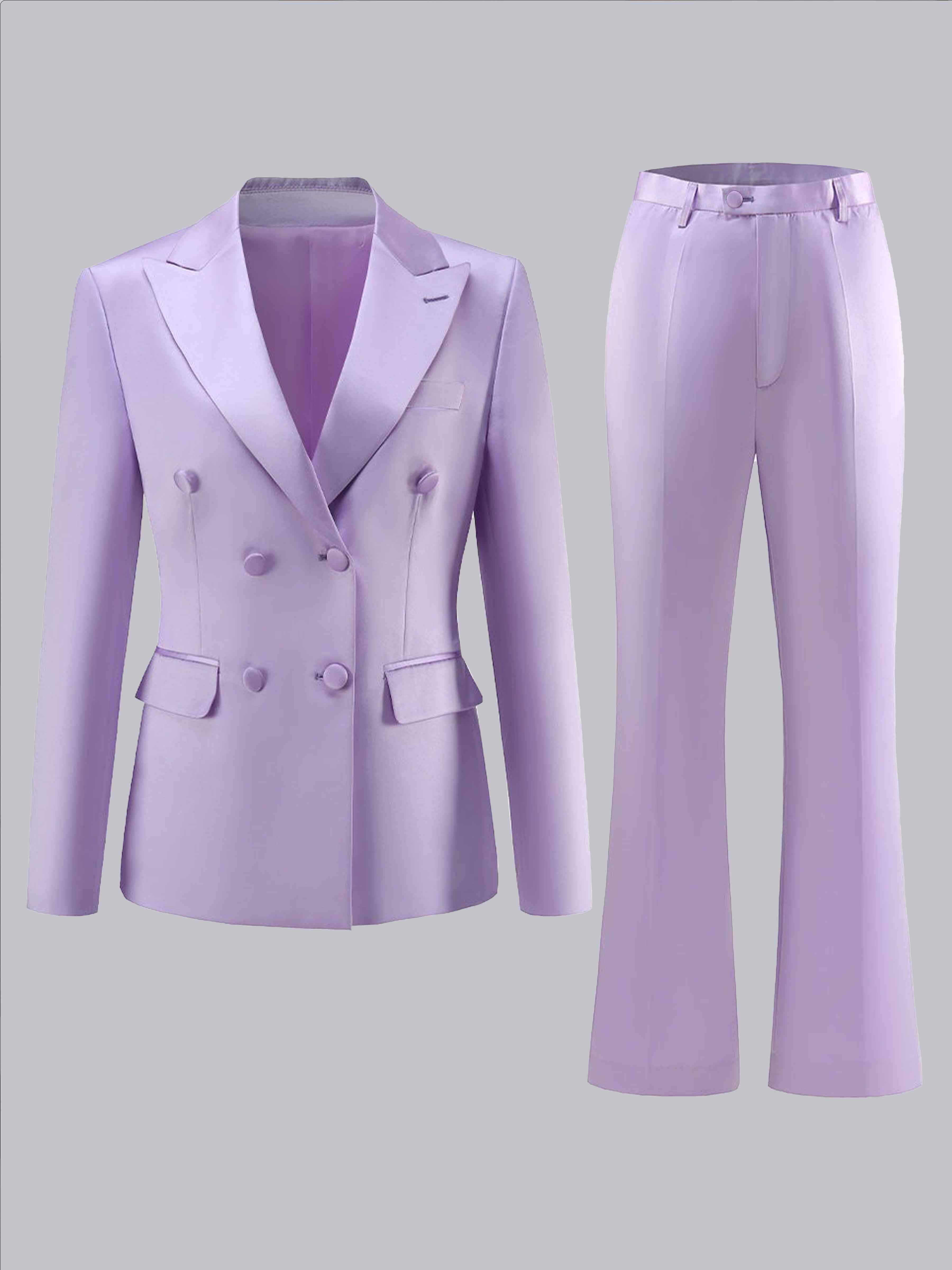 Costume Femme 2 Pièces En Satin À Revers Pointus Double Boutonnage Pour Mariage