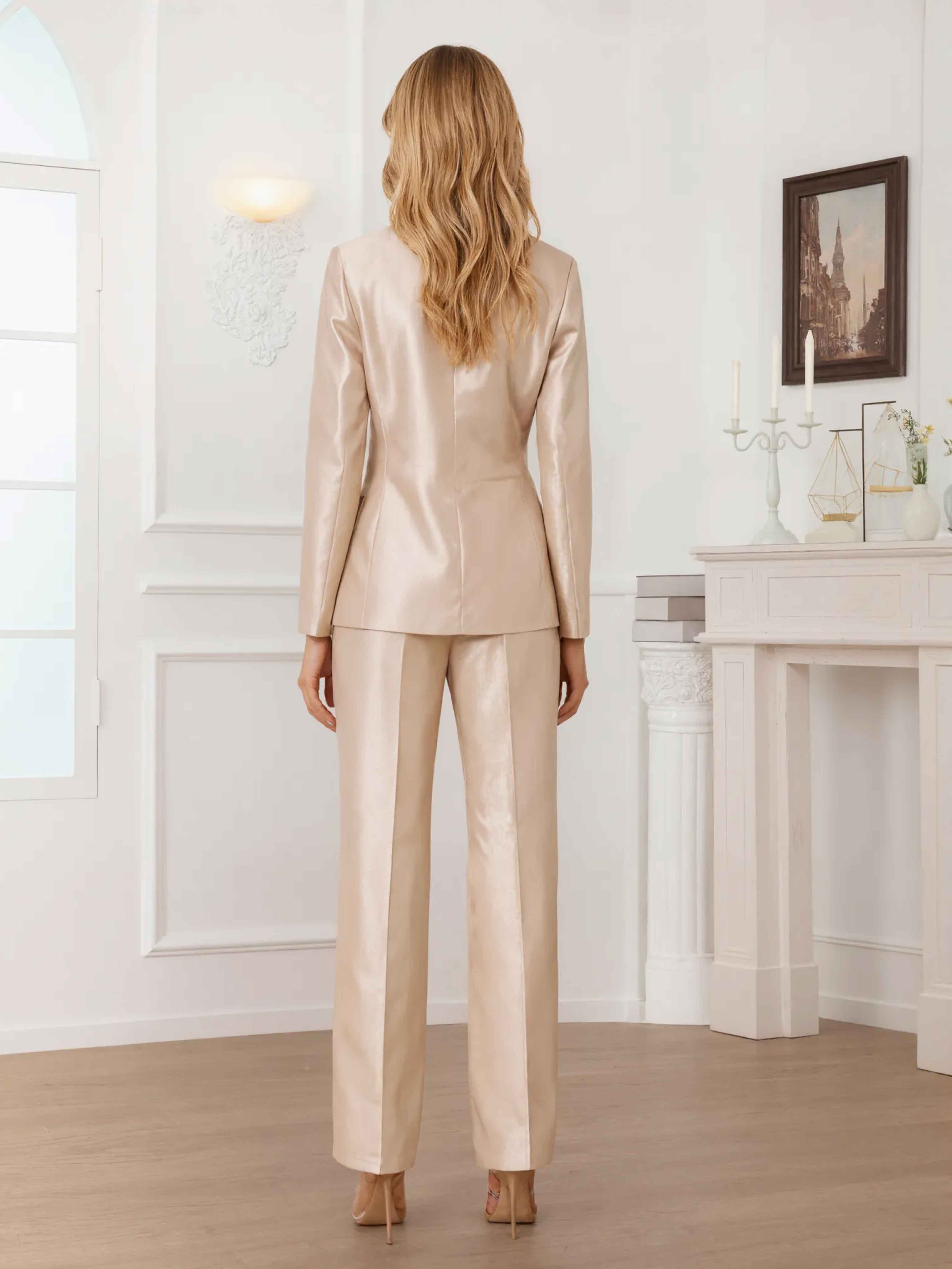 Costume Femme 2 Pièces En Satin À Revers Pointus Un Bouton Pour Tenue De Soirée