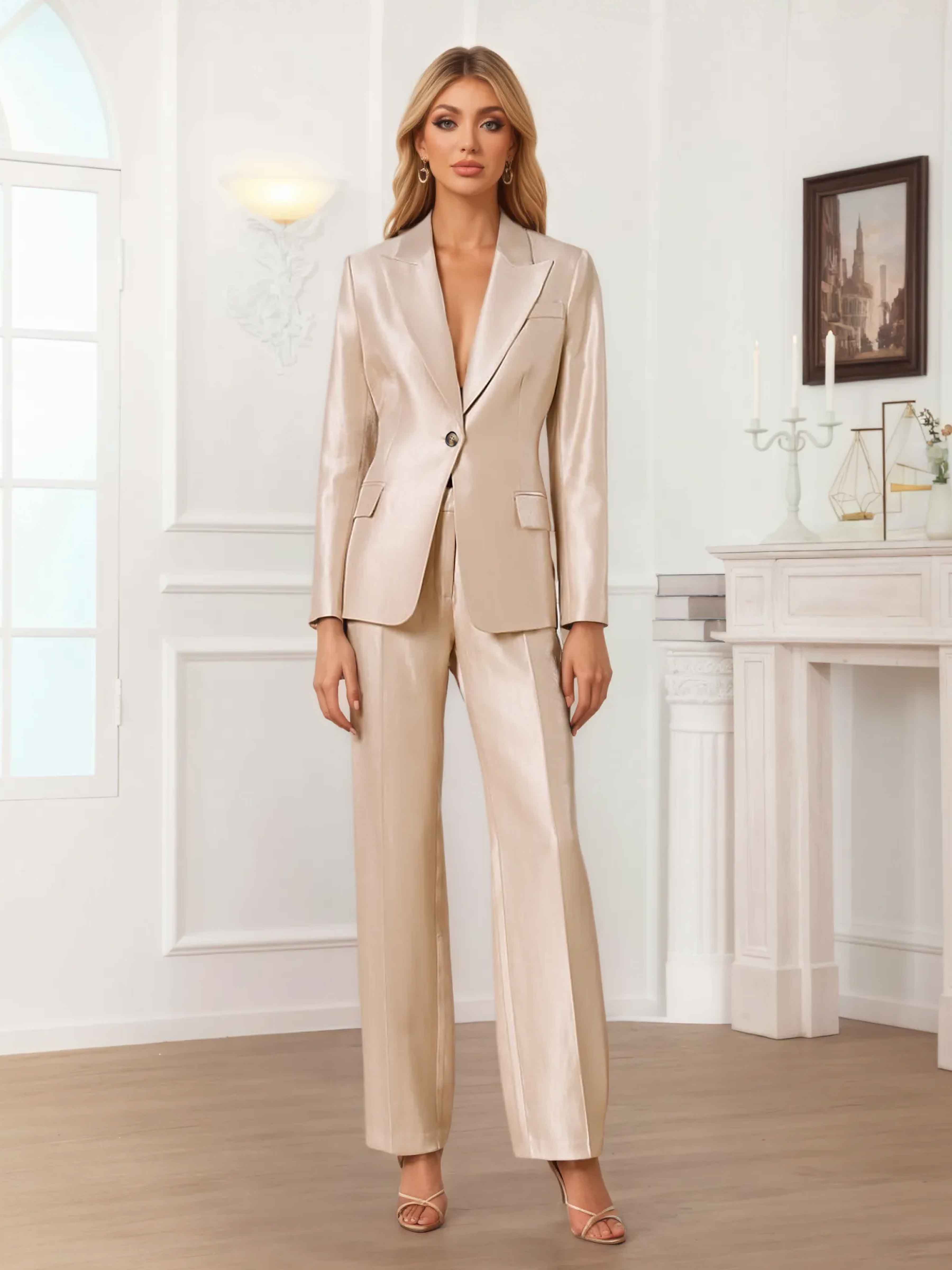 Costume Femme 2 Pièces En Satin À Revers Pointus Un Bouton Pour Tenue De Soirée