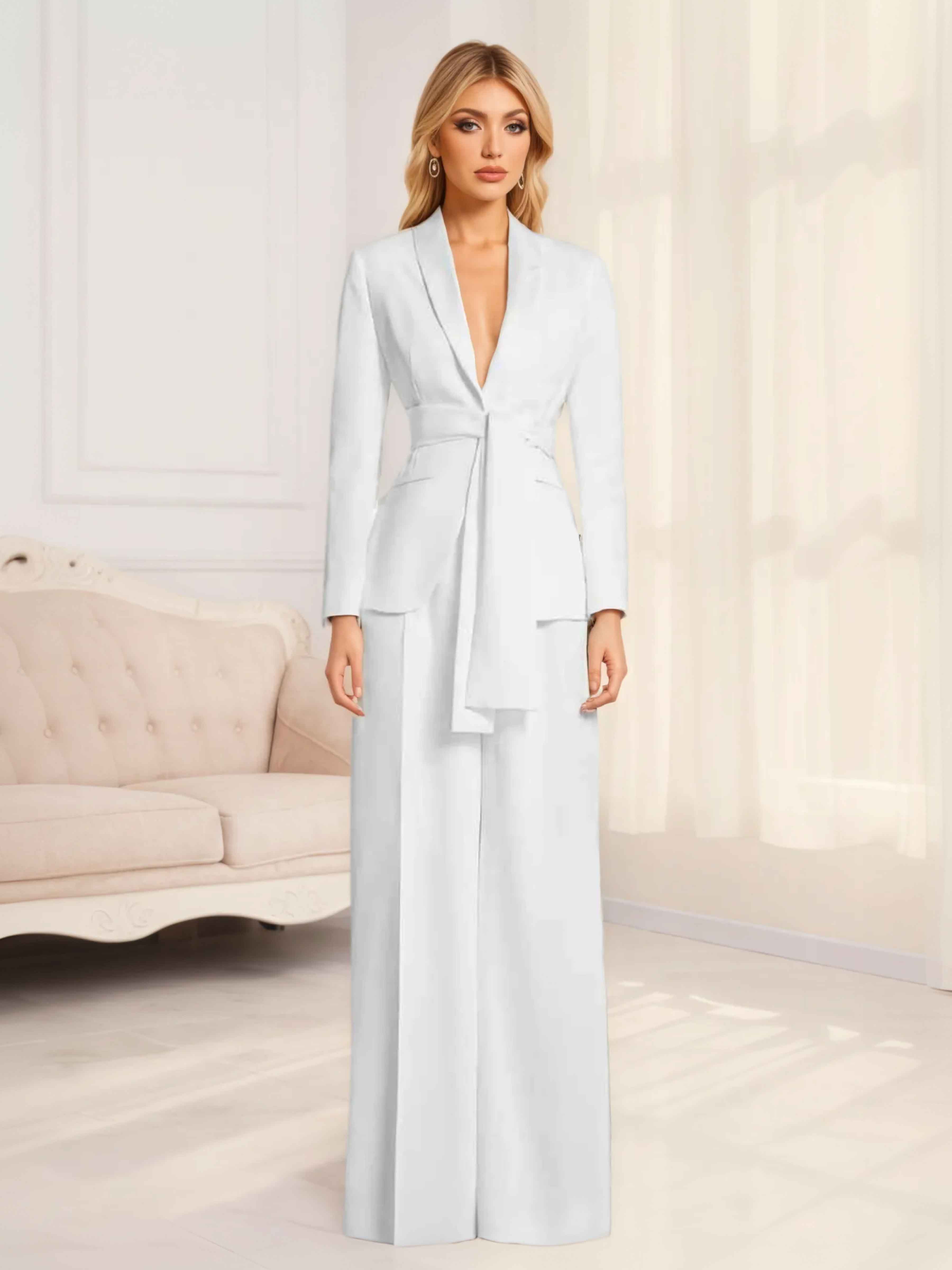 Costume Femme 2 Pièces À Mode Revers Châle Avec Ceinture